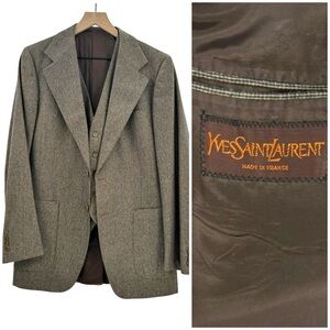 Vintage Men's Yves Saint Laurent Blazer & Vest Set Wool Tweed Brown Black | 40